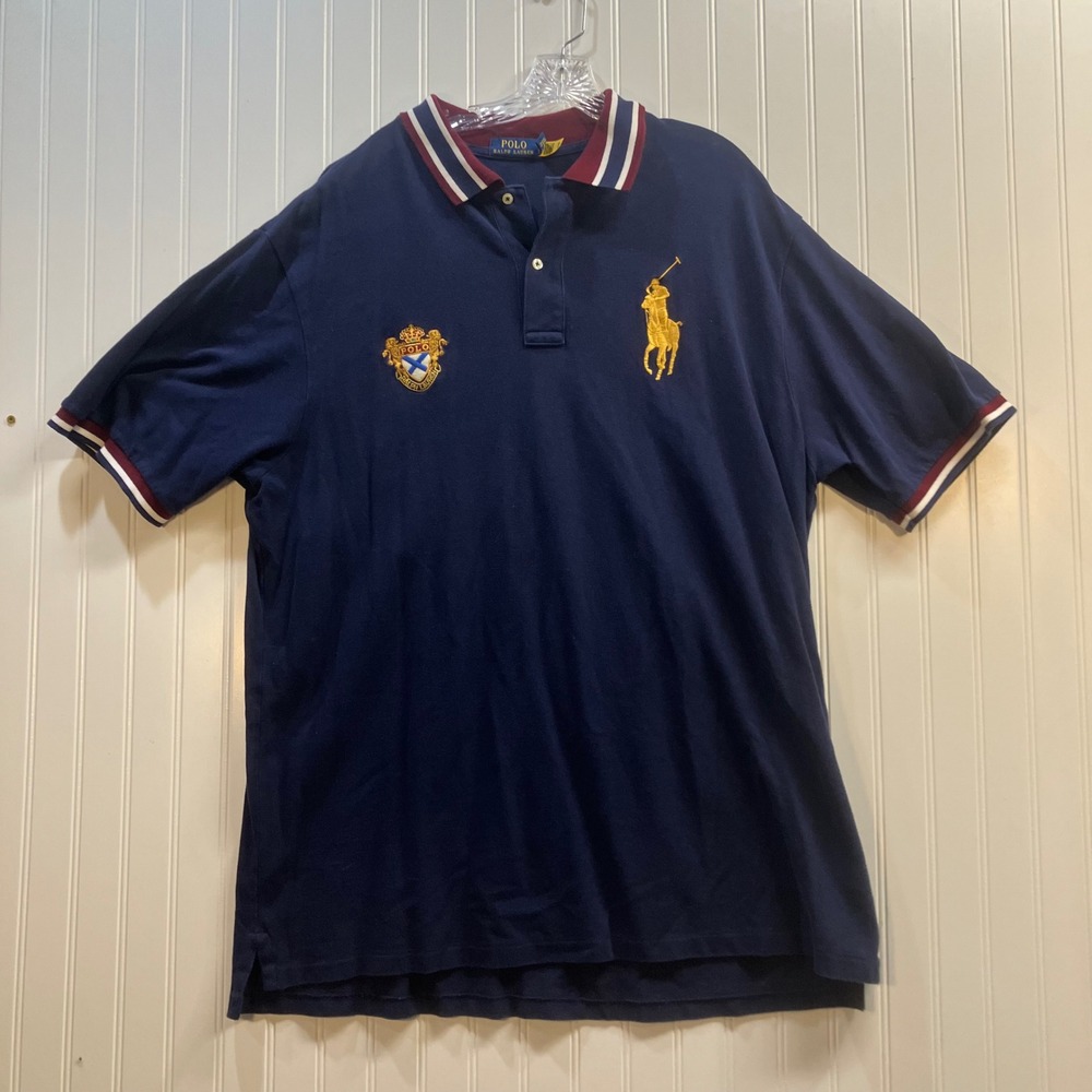 Polo Ralph Lauren Mens 2XLT Navy Blue Big Pony Crest Striped Polo Shirt 2TG L